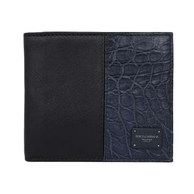 Crocodile Leather Wallet with Logo Plate Blue Black