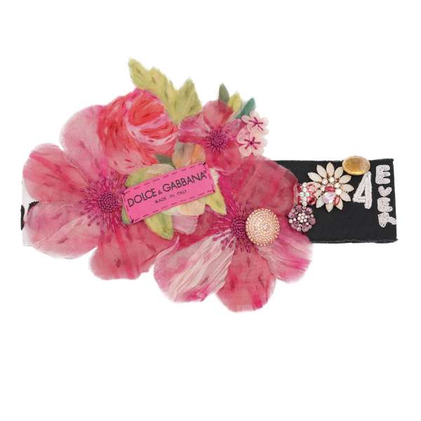 Pearls Embroidery belt for dress covered with crystals and silk flower brooch in pink and black by DOLCE & GABBANA