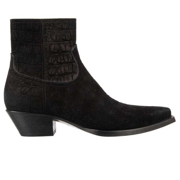 Cowboy Style Suede Boots LUKAS with croco printed calf leather and heel by SAINT LAURENT
