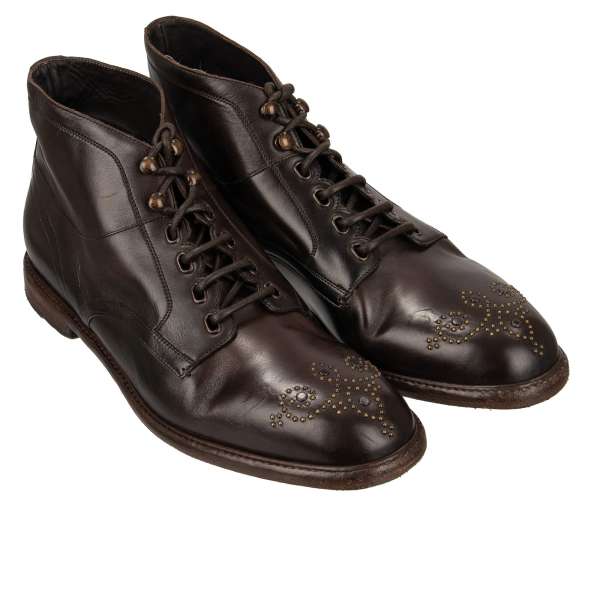 Leather Boots MICHELANGELO with studs and pattern in front in brown by DOLCE & GABBANA 