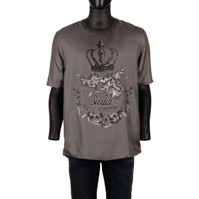 Long Silk T-Shirt with Crown and Sicily Print Gray 48 M