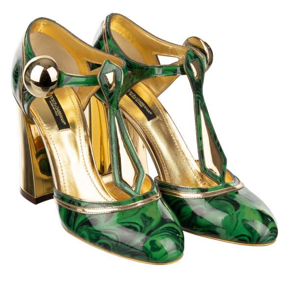 Patent leather Mary Jane Pumps VALLY with malachite pattern and elastic button closure in gold and green by DOLCE & GABBANA