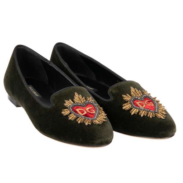 Pointed Velvet Ballet Flats AUDREY in khaki green with Sacred Heart Pearl and Logo embroidery by DOLCE & GABBANA