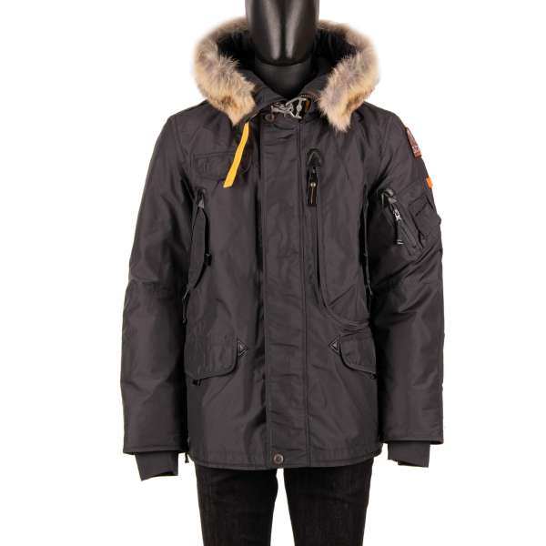 Parka / Down Jacket RIGHT HAND with a detachable real fur trim, hoody, many pockets and a removable down-filled lining in Gray