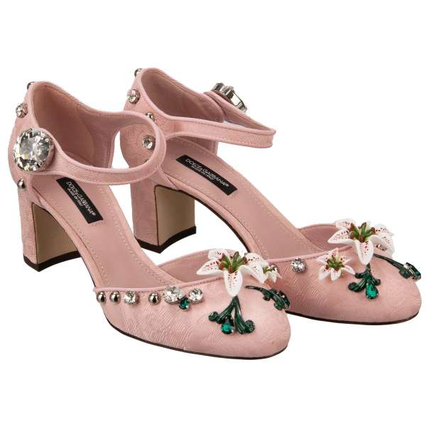 Fesselriemen Pumps VALLY aus Brokat und Leder mit Hand-bemahlten Lilien Blumen, Kristallen und Perlen in Pink von DOLCE & GABBANA