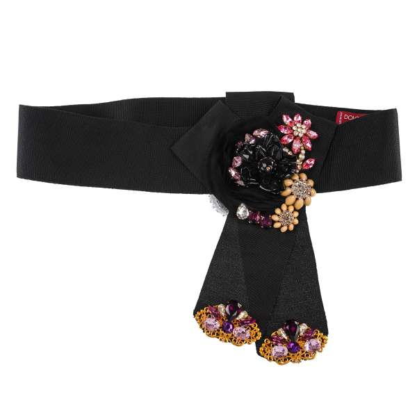 Belt for dress with crystal and brass flower brooches and silk applications in gold, purple and black by DOLCE & GABBANA SARTORIA