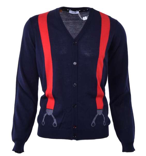 Merino Wool Cardigan with suspenders print by MOSCHINO First Line