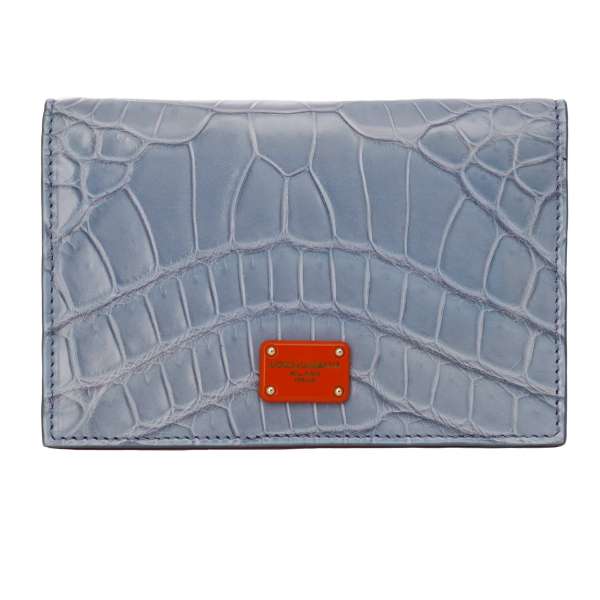 Crocodile leather cards wallet with DG logo plate and extra cards etui in orange and blue by DOLCE & GABBANA