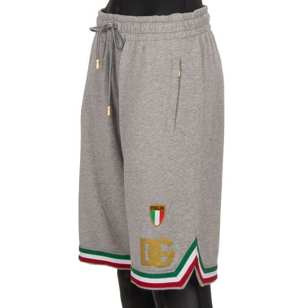 Cotton Sweatshorts / Bermuda Shorts with contrast Italian flag stripes, DG Logo, zip pockets and lace closure by DOLCE & GABBANA