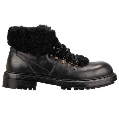 Trekking Fur Leather Boots Shoes Black 42 UK 8 US 9