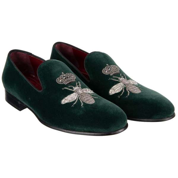 Velvet Loafer MILANO with bee and crown embroidery made of gun metal and small crystals by DOLCE & GABBANA