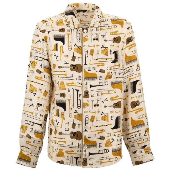 Silk shirt with Music Theme Jazz print and front pocket in cream by DOLCE & GABBANA