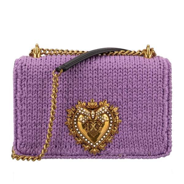 Knitted cotton, crochet Crossbody Bag / Cluch Bag DEVOTION Medium with jeweled heart with DG Logo and structured metal chain strap by DOLCE & GABBANA