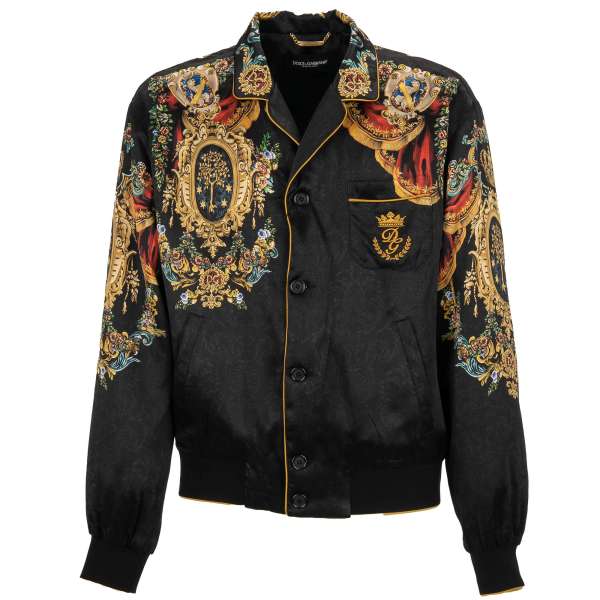 Heraldry, Logo and Crown printed silk jacket with embroidered logo, pockets and knitted details by DOLCE & GABBANA