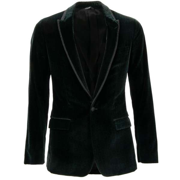 Velvet tuxedo blazer TAORMINA with circle pattern and contrast silk lapel in green by DOLCE & GABBANA 