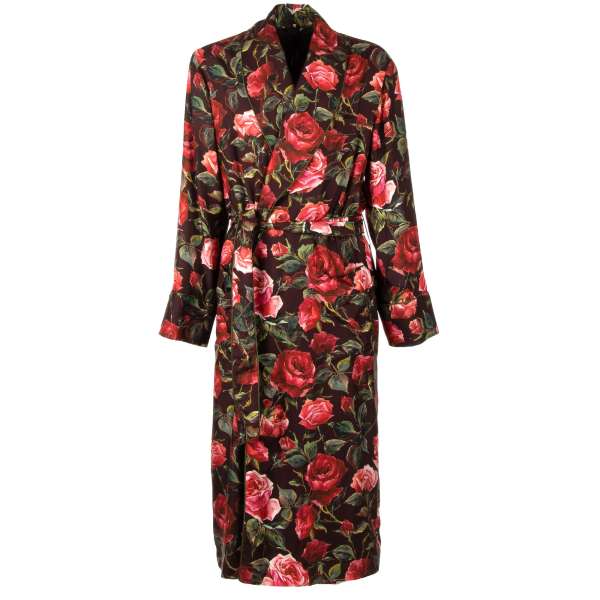 Silk Coat / Robe with roses print and large shawl collar in red, green and bordeaux by DOLCE & GABBANA