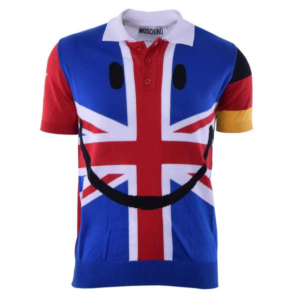 Knitted cotton Polo Shirt with flags print by MOSCHINO COUTURE