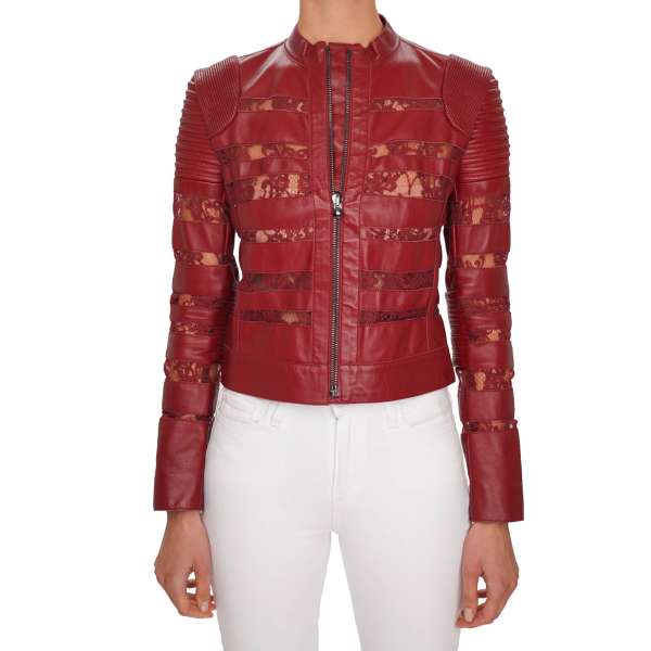 Leather Biker Jacket PRIORITY with floral lace in red by PHILIPP PLEIN COUTURE