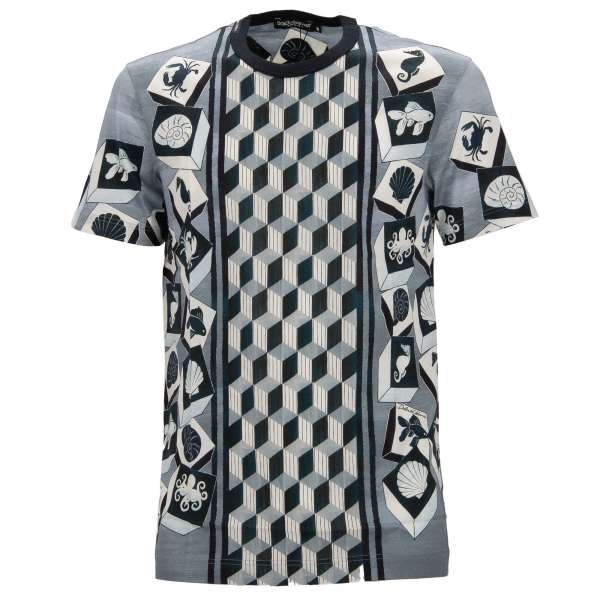 Cotton T-Shirt with Geometrical Sicily motive and logo print in blue and white by DOLCE & GABBANA