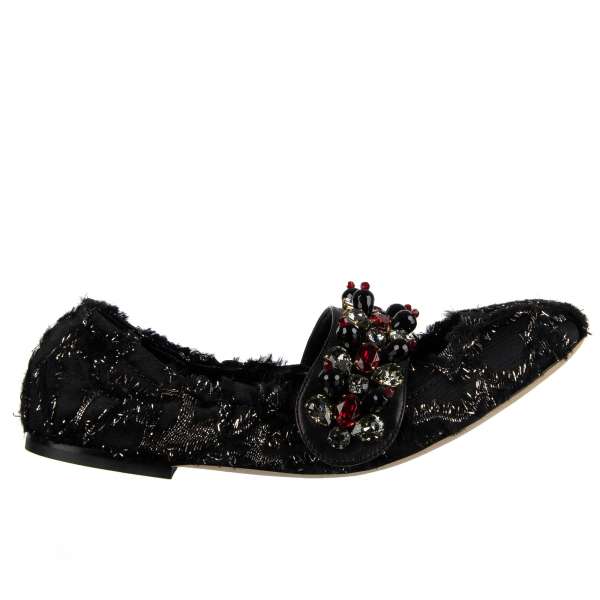 Elastische Brokat Ballerinas VALLY mit Riemen-Verschluss verschönert mit Kristallen von DOLCE & GABBANA Black Label