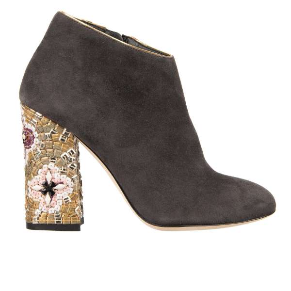  Leather Boots VALLY with byzantine mosaic embroidered heel in dark grey and gold by DOLCE & GABBANA