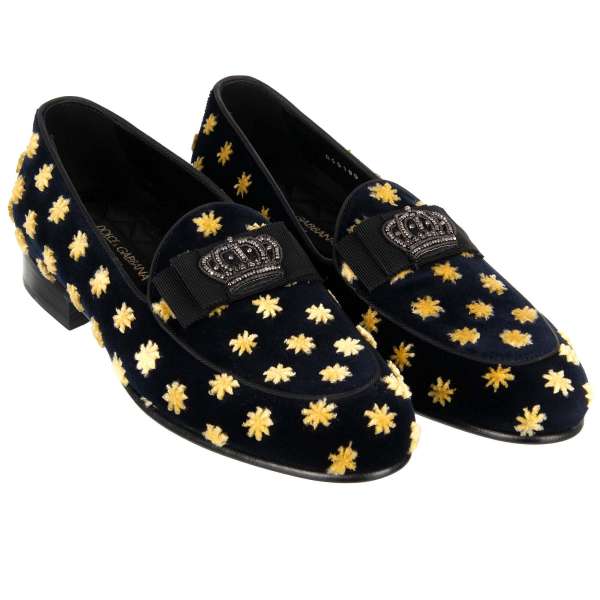  Velvet loafer shoes NEW LUKAS with embroidered crown ribbon and stars pattern in black by DOLCE & GABBANA