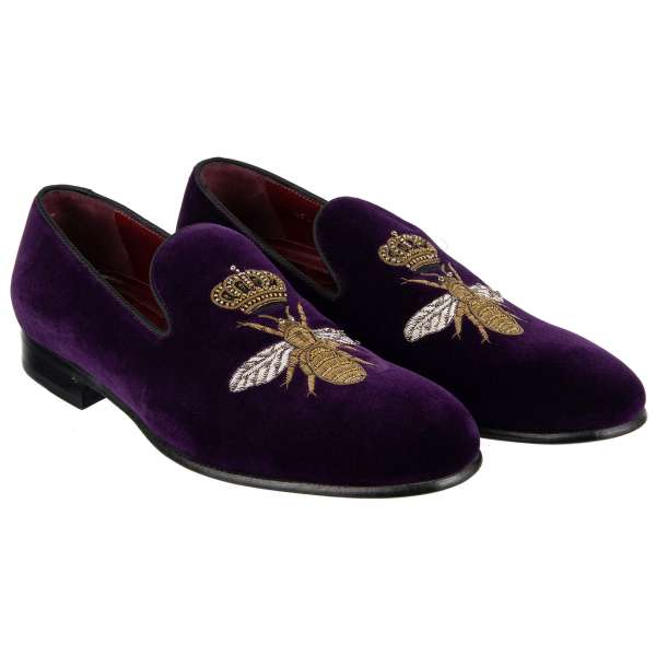Velvet Loafer MILANO with bee and crown embroidery made of metallic gold seam by DOLCE & GABBANA