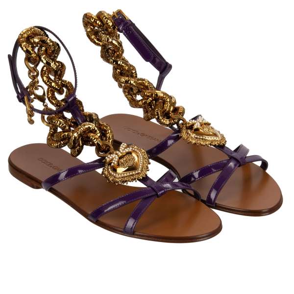 Patent Leather Sandals BIANCA embellished with DG DEVOTION pearl Heart and chain in gold and purple by DOLCE & GABBANA 