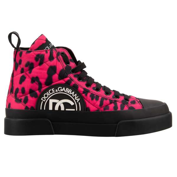 High Top Lace padded Sneaker with leopard print fabric and DG logo in pink and black by DOLCE & GABBANA