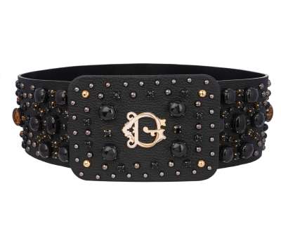 DG Logo Crystal Pearl Big Leather Belt Black Gold 90 36