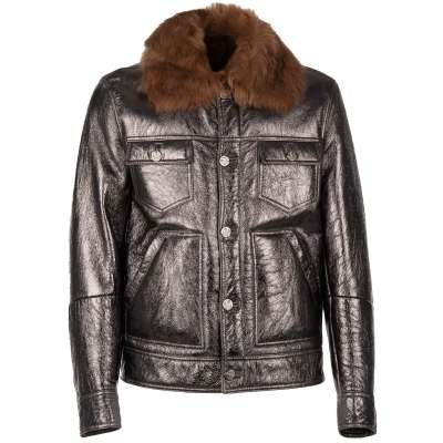 Nappa Lederjacke mit Pelz Futter und Taschen Metallic Silber