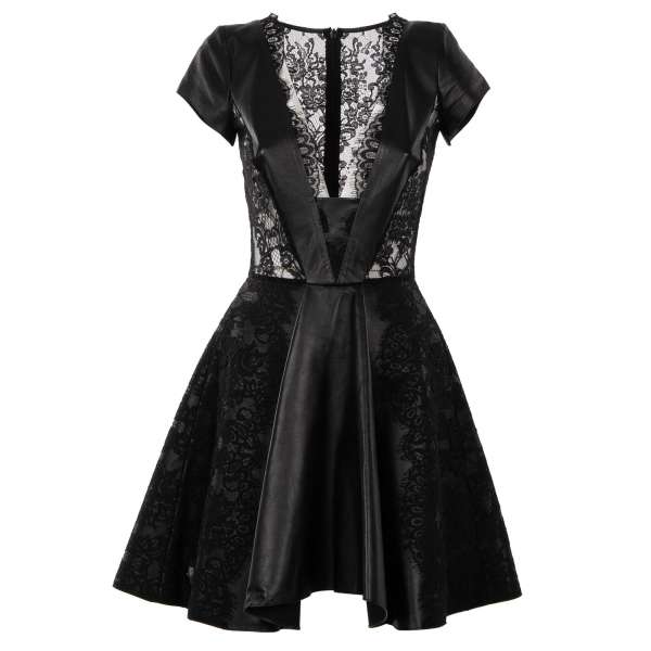 Short and stretch leather dress DANCING ON MY OWN with lace embellishments in black by PHILIPP PLEIN