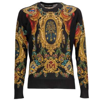 Seide Pullover Longsleeve mit Barock Wappen und Logo Print Gold Schwarz 48 M