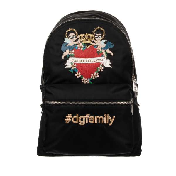 Sacred Heart, Angels and Crown embellished nylon backpack "L'Amore e Bellezza" with logo plate and pocket by DOLCE & GABBANA