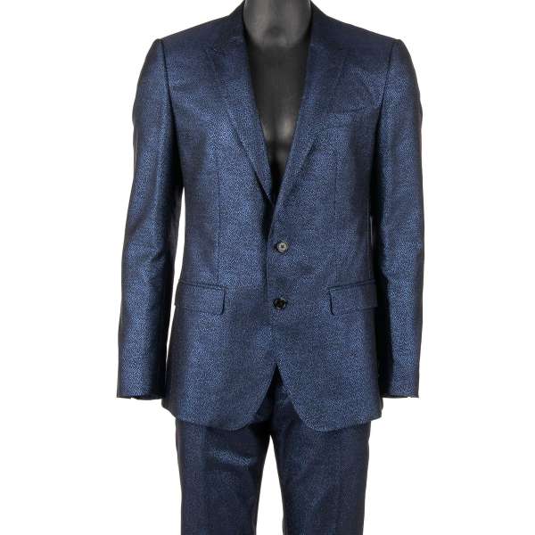 Metallic jacquard suit with peak lapel in blue and black by DOLCE & GABBANA 