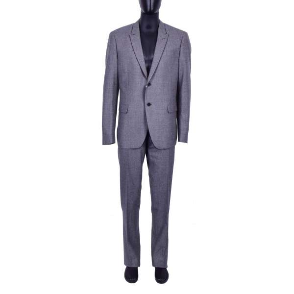 Classic virgin wool slim fit suit in gray with black silk contrast edges by Moschino Main Line