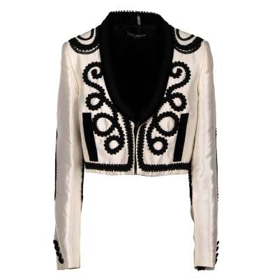 Embroidered Silk Torero Jacket White Black