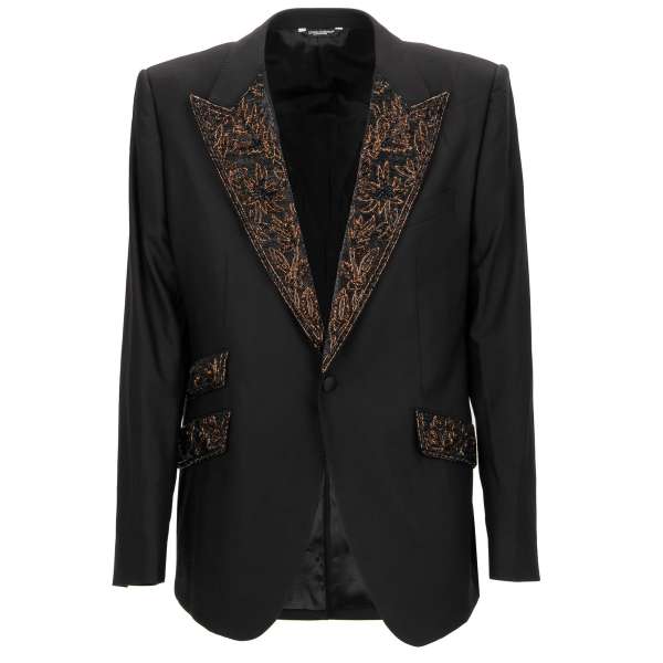 Virgin wool tuxedo / blazer with handmade pearls and sequins embroidery at the lapel and pockets in brown and black by DOLCE & GABBANA