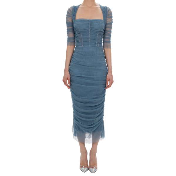 Runway Korsage Kleid aus Stretch Tüll mit Seide Unterkleid in Blau von DOLCE & GABBANA