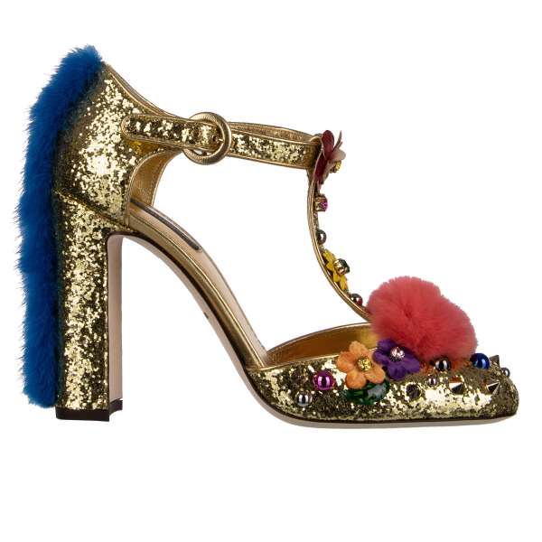 Glitter Design Mary Jane Pumps VALLY embellished with mink fur, crystals, studs and velvet and leather flowers by DOLCE & GABBANA Black Label