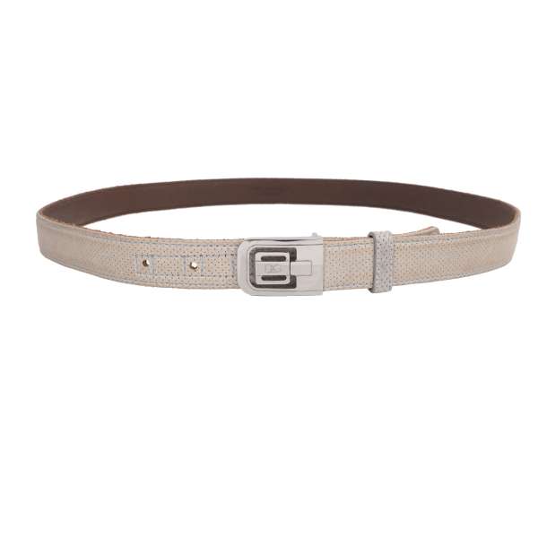 Vintage look perforated leather belt with DG Logo silver buckle in beige and gray by DOLCE & GABBANA