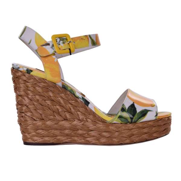 Lemon printed wedges / plateau sandals BIANCA made of patent leather with raffia heel by DOLCE & GABBANA