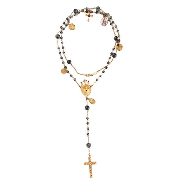 Rosario Chain necklace with Cross, Saints pendants, crystal crown, heart and natural stones pearls in gold, gray and black by DOLCE & GABBANA