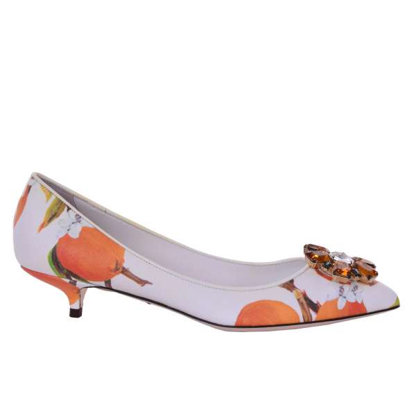 Klassische Pumps BELLUCCI aus Saffiano PVC mit Orangen Print und Kristall-Brosche von DOLCE & GABBANA Black Label