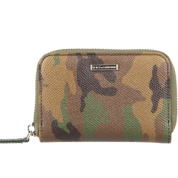 Camouflage printed dauphine leather zip around wallet with DG metal logo plate in khaki green by DOLCE & GABBANA