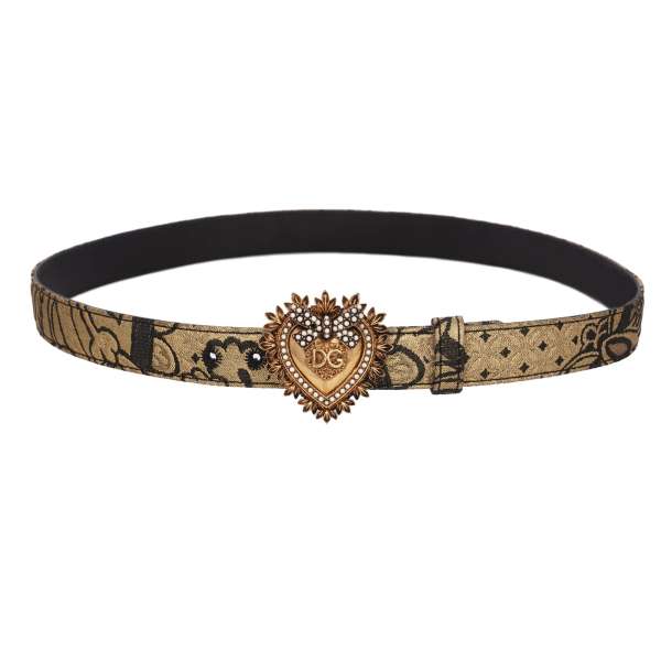 DEVOTION Floral jacquard and leather Belt embellished with Pearl Metal Heart in black and gold by DOLCE & GABBANA 