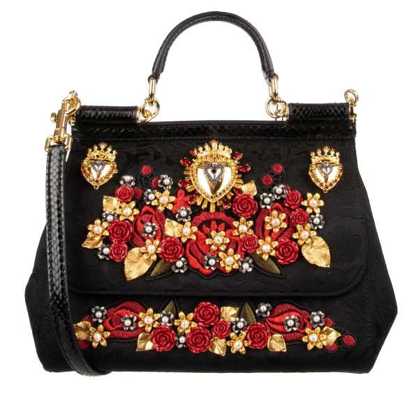 Mit Sacred Hearts und Rosen beschmückte Brokat Handtasche / Schultertasche SICILY mit Blumen Stickerei, Details aus Schlangenleder und DG Logo Schild von DOLCE & GABBANA