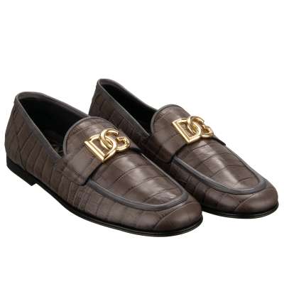 DG Logo Croco Leather Shoes Loafer Moccasins Gray 43 UK 9 US 10