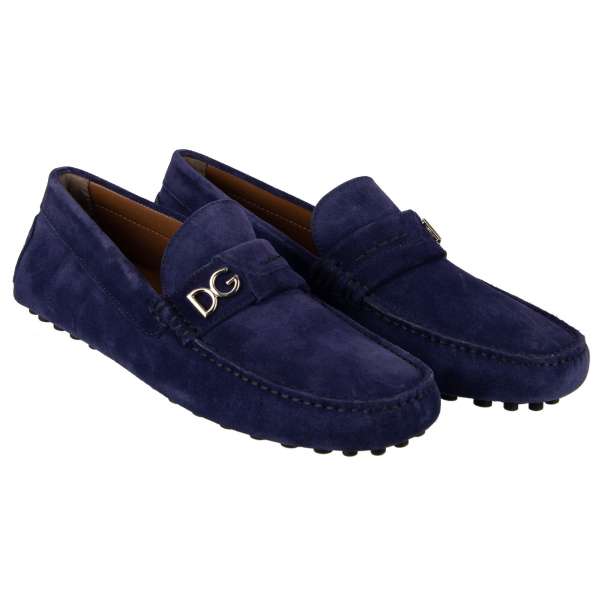 Suede moccasins shoes PANAREA ZERO with DG Logo in Dark Blue by DOLCE & GABBANA