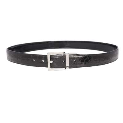 Silver Reversable Metal Buckle Croco Leather Belt Black 95 38